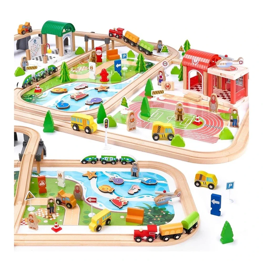 TikTiles 175pcs Wooden Train Track Set STEM Toy Natural Wood Railway Kids